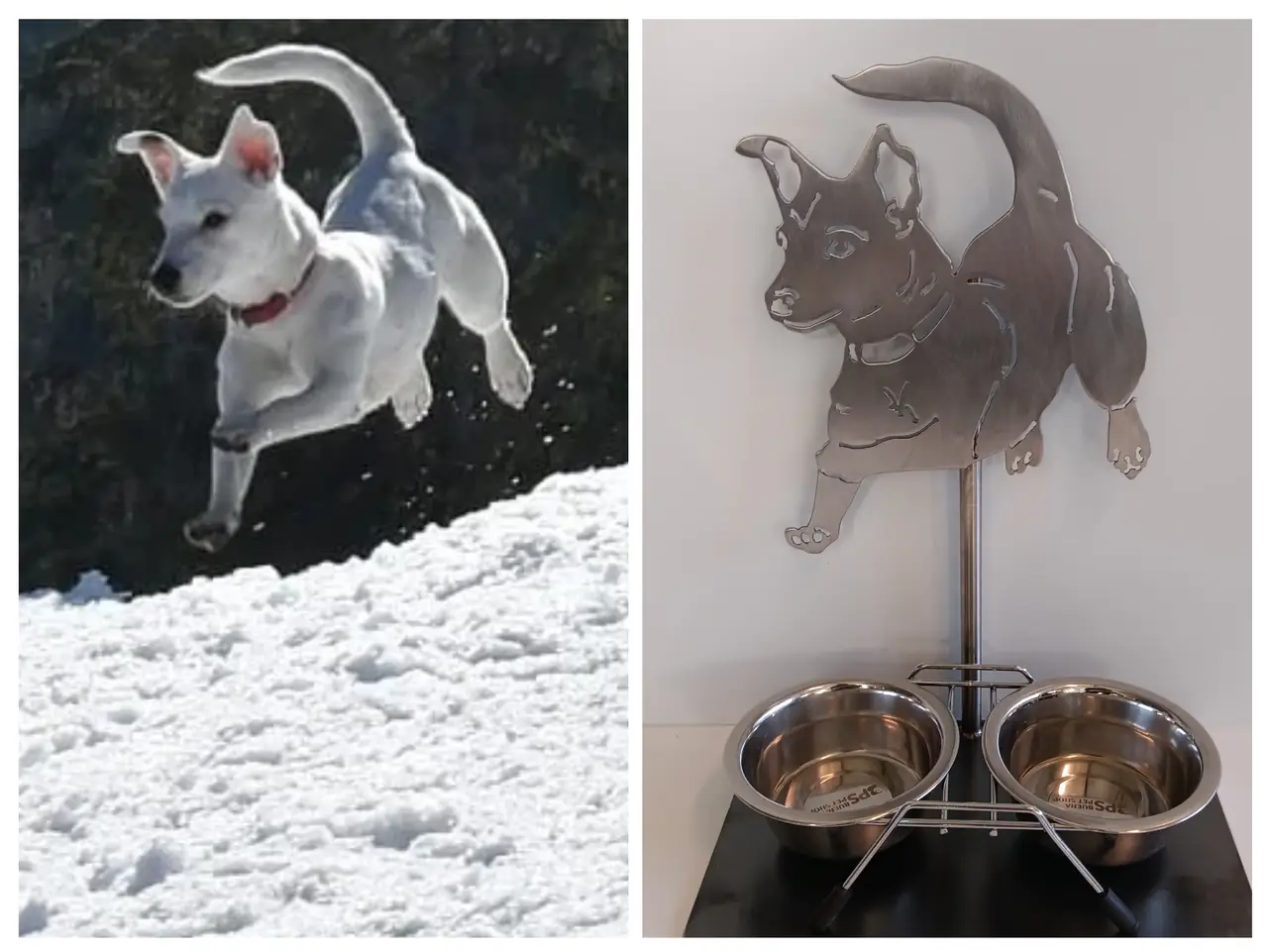Support de gamelles en forme de chien découpé