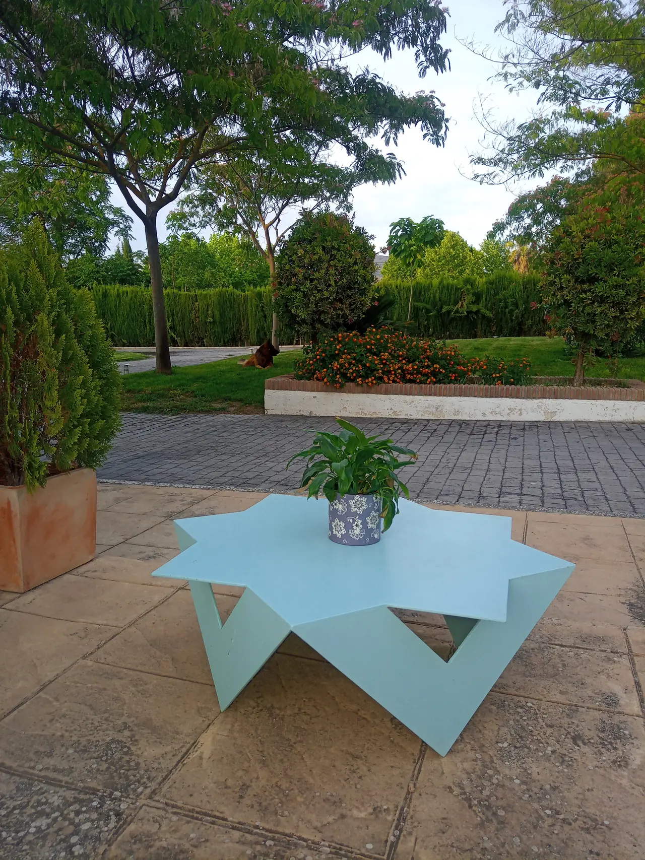 Table basse en acier laqué au jardin